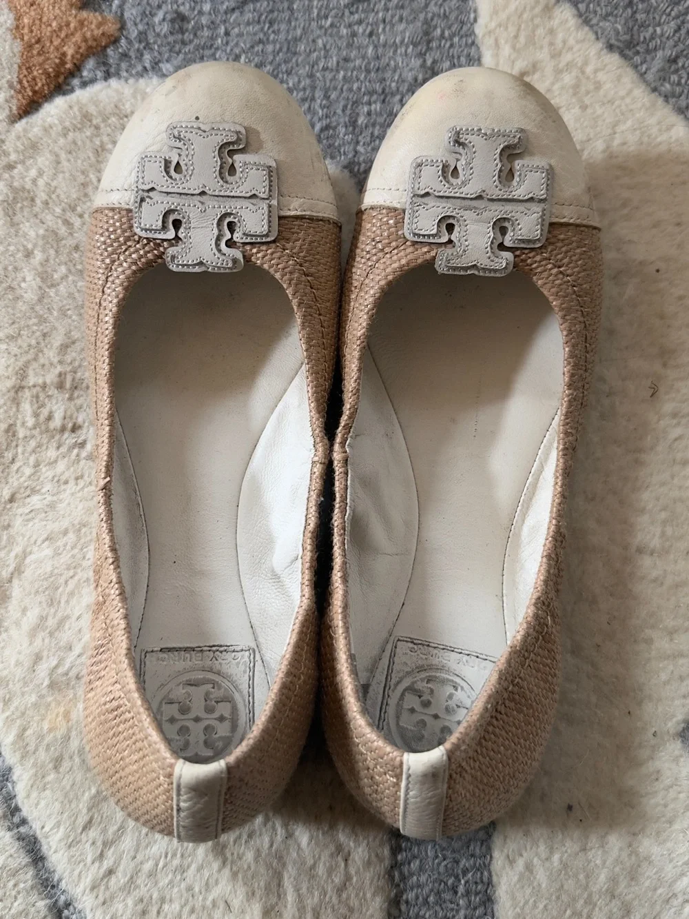 Tory Burch Carita White Natural Beach Woven Straw Leather Ballet Flat Shoes 8 M
